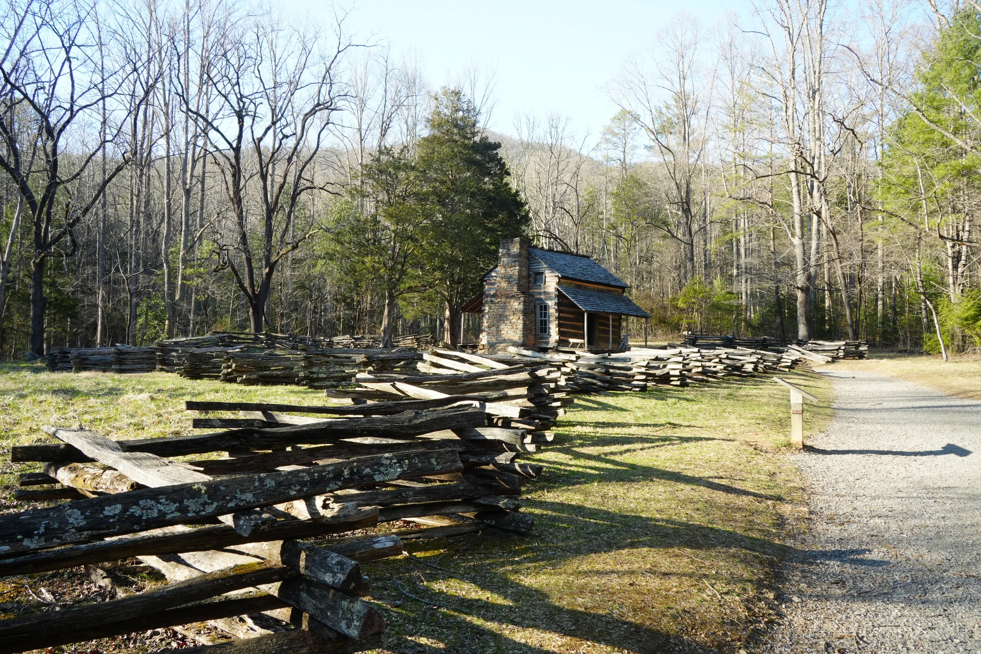 The historic John Oliver Cabin in Cades Cove, framed by winter trees